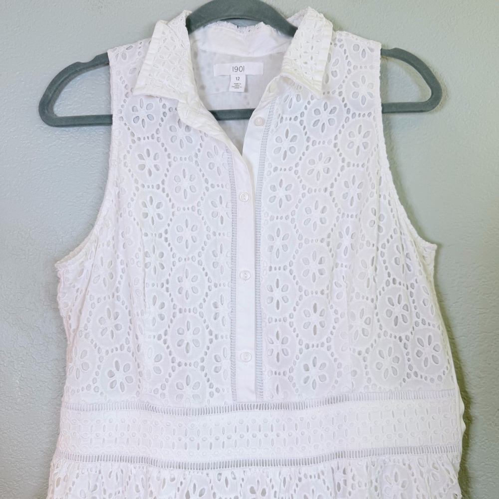 1901 Cotton White Eyelet Cottagecore Button Up Sleeveless Bohemian Midi Dress 12 - Picture 5 of 13